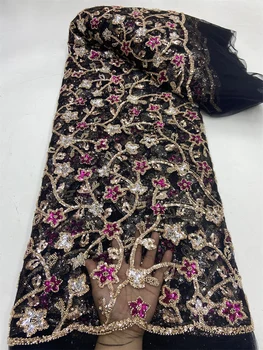 Африканские ткани Дубай, Вышитые бисером Швейными метрами, Тюль с вышивкой, 5 ярдов, Сетка, Блестки, Кружево, Свадебное платье Для женщин, Черная ткань
