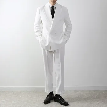 Белые свадебные двубортные мужские костюмы Со свободным остроконечным лацканом обычной длины, куртка и брюки из 2 частей, костюм Ropa Hombre по индивидуальному заказу