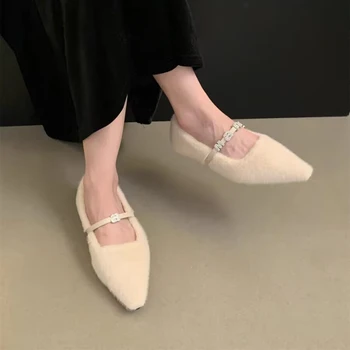 Женская обувь; коллекция 2024 года; Модная Однотонная женская обувь на плоской подошве с острым носком; Зимняя Плюшевая Повседневная обувь для зрелых дам; Señoras Zapatos Planos