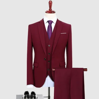 Мужские костюмы, 3 предмета, бордовый лацкан, один ботон, Свадебный классический костюм, Приталенный смокинг, Выпускной для жениха, блейзер + жилет + брюки 2021 г.