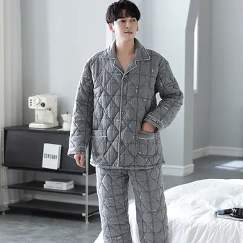 Мужской пижамный комплект из 2 предметов, зимняя 3-слойная одежда для сна с хлопковой подкладкой, домашняя одежда, мужской повседневный толстый стеганый костюм для сна, теплый