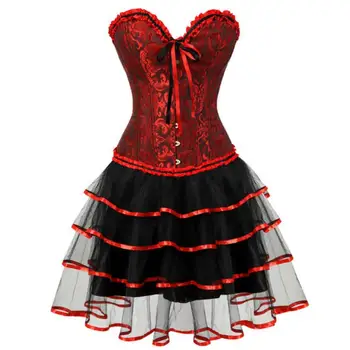 Сексуальное корсетное платье для женщин большого размера с открытой грудью, кружевной корсет с цветочным рисунком, Бурлеск, корсет, бюстье и юбка-пачка, комплект красного цвета